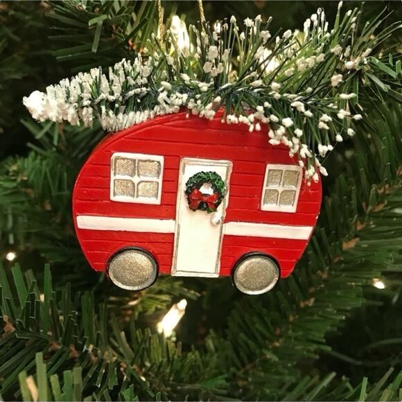 Red Retro Camper Hauling Christmas Tree Ornament Holiday Decoration - Picture 1 of 3